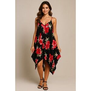 Vintaeg Aloha Fashion Dress Women OS Black Hibiscus Floral Flowy Hawaiian Resort